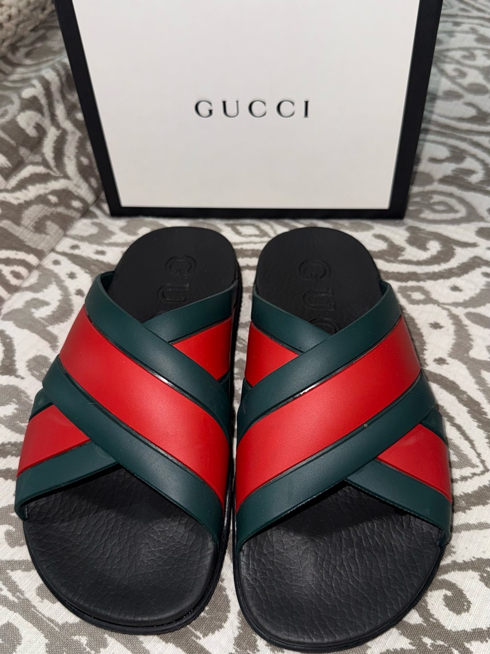 Gucci Women’s Web Rubber Slide Sandals Green Red Black Size 36 w/ Box